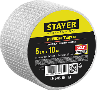 Сетка стеклотканевая самоклеящаяся FIBER-Tape STAYER 5 см х 10 м, 3х3 мм, 1246-05-10_z01 - фото 1