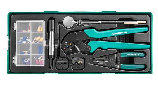 Фото 0 товара Пресс-клещи обжимные с аксессуарами и расходными материалами в ложементе, Jonnesway