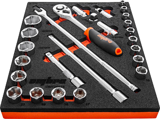 Набор головок торцевых 1/2" DR 8-32 мм с аксессуарами в EVA ложементе 280х375 мм, 26 предметов, Ombra - фото 2