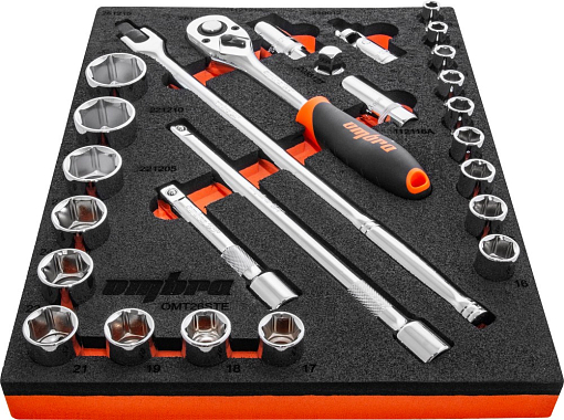 Фото 1 товара Набор головок торцевых 1/2" DR 8-32 мм с аксессуарами в EVA ложементе 280х375 мм, 26 предметов, Ombra