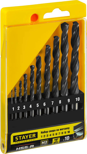 Фото 1 товара Набор сверл спиральных по металлу 29602-H10_z01 STAYER 10 шт. ( 1-10 мм), HSS-R