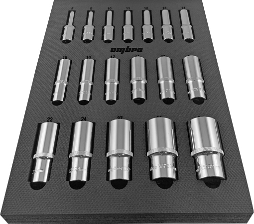 Фото 1 товара Набор головок торцевых глубоких 1/2" DR 8-32 мм в EVA ложементе 280х375 мм, 18 предметов, Ombra