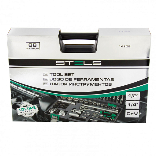 Фото 1 товара Набор инструментов, 1/2, 1/4, CrV, пластиковый кейс, 88 пред. Stels
