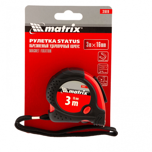Фото 4 товара Рулетка Status Magnet fixation, 3 м х 16 мм, обрез. корпус, зацеп с магн. Matrix