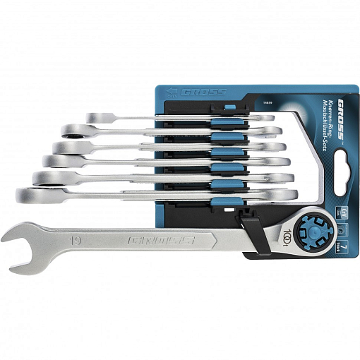 Фото 0 товара Набор ключей комбинированных трещоточных, количество зубьев 100, СRV, 7 шт, 8-19 мм Gross