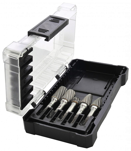 Фото 1 товара Набор борфрез твердосплавных, тип B, C, D, F, G, 6 мм, двойная насечка, в кейсе, 5 предметов, THORVIK