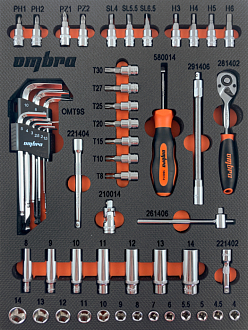 Набор головок торцевых 1/4" DR 4-14 мм с аксессуарами в EVA ложементе 280х375 мм, 54 предмета, Ombra - фото 1