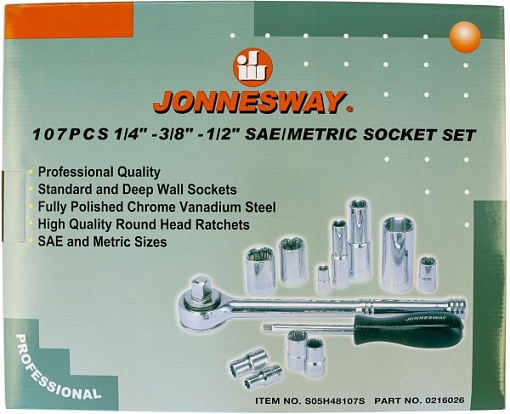 Фото 3 товара Набор инструмента универсальный 1/4", 3/8" и 1/2"DR, 107 предметов, Jonnesway