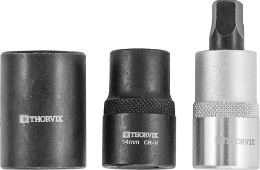Фото 0 товара Набор головок торцевых и насадки со вставкой-битой с пятигранным профилем для обслуживания тормозных механизмов 1/2"DR, 3 предмета, THORVIK