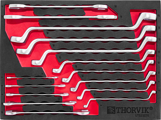 Набор ключей рожковых и накидных изогнутых в EVA ложементе 280х375 мм, 15 предметов, THORVIK - фото 1