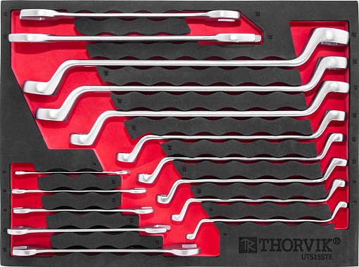 Фото 0 товара Набор ключей рожковых и накидных изогнутых в EVA ложементе 280х375 мм, 15 предметов, THORVIK